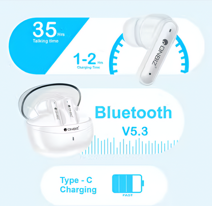 ONBIZ Wireless Earbuds, Bluetooth V5.3, 35 Hours Talking Time, 10mm Drivers, ENC for Calling, Type-C Fast Charging