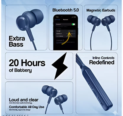 TP Troops Wireless in-Ear Neckband Bluetooth Earphones with 10mm Drivers, Rich Music Experience, Above 20 Hours Playtime, Type C Fast Charging, Neckband Earphones with Voice Assistant-Blue